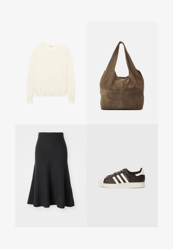 Cream-colored sweater with a classic round neckline, ribbed cuffs and hem, and a soft texture. Lightweight fabric with a smooth finish.; Black flared skirt made of soft fabric, featuring a high waist, smooth texture, and an A-line silhouette that extends to mid-calf length.; Low-top Adidas Superstar sneaker in dark brown leather with cream shell toe, white stripes, and "Superstar" text on the side.; Brown suede hobo bag with a single shoulder strap, soft texture, and a rounded shape. Features a seam across the middle for added detail.