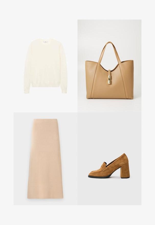 Krémový sveter s klasickým okrúhlym výstrihom, rebrovanými manžetami a spodným lemom, a mäkkou textúrou. Ľahký materiál s hladkým povrchom.; Dlhá béžová pletená sukňa s rovnou siluetou, s hladkým povrchom a bez viditeľných vzorov či ozdôb.; Hnedé semišové loafer na blokovom päte s okrúhlou špičkou a prešitým detailom pruhu, zobrazené na bielom pozadí.; Kožená tote taška v tan farbe s výrezy na vrchu, zlatým kovaním a vertikálnymi švami na stranách. Rovné uchá na nosenie. Hladký povrch.
