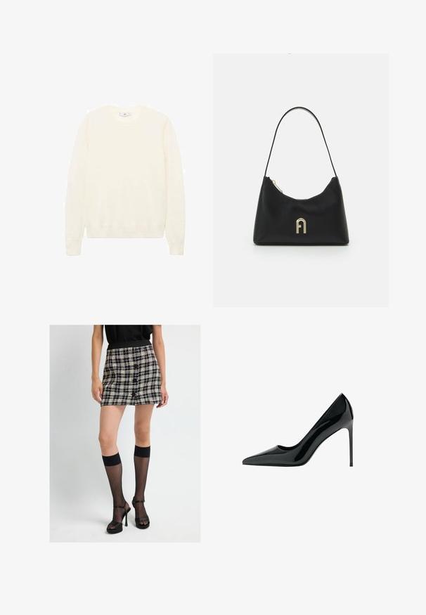 Maglione color crema con un classico collo rotondo, polsini e orlo a costine, e una texture morbida. Tessuto leggero con una finitura liscia.; Donna che indossa una mini gonna a scacchi in bianco e nero con bottoni neri, calze trasparenti fino al ginocchio e sandali neri con tacco alto.; Décolleté nera in vernice con tacco a spillo e punta affilata, dalla texture liscia e lucida; tacco alto e sottile; design minimalista.; Borsa nera realizzata in materiale liscio, con una forma curvata, una sola tracolla e un accento in logo color oro sulla parte anteriore.