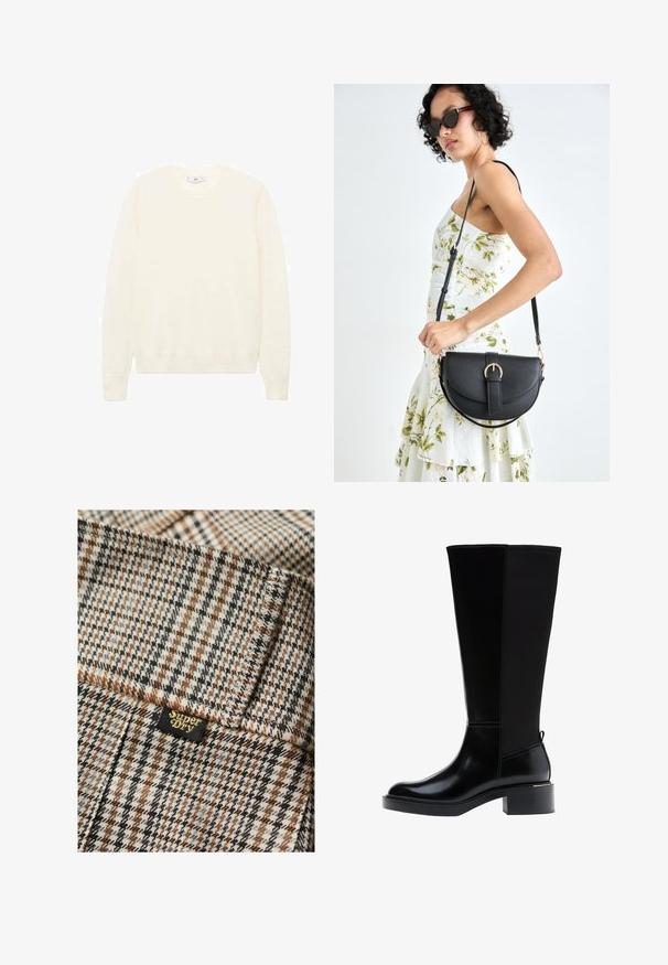 Kremowy sweter z klasycznym okrągłym dekoltem, prążkowanymi mankietami i dołem oraz miękką teksturą. Lekki materiał o gładkim wykończeniu.; Brązowa, szara i czarna tkanina w kratkę z teksturowanym wykończeniem. Zawiera małą czarną metkę z napisem "Superdry" w złotym kolorze.; Czarny kozaki za kolano z gładkim wykończeniem ze skóry, widocznym przeszyciem, masywnym obcasem i fakturowanym tylnym panelem dla dodatkowego efektu.; Czarna skórzana torebka o zakrzywionym kształcie, z odpinanym paskiem i złotymi akcentami. Torebka posiada klapę z zapięciem w kształcie klamry.