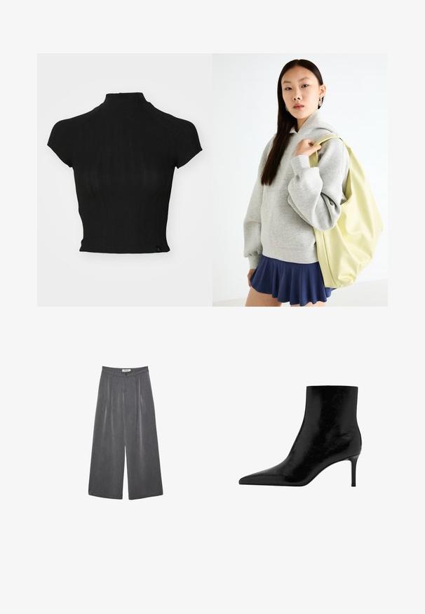 Kremasti pulover s klasičnim okruglim izrezom, rebrastim manžetama i rubom te mekom teksturom. Lagana tkanina s glatkim završetkom.; Crni kratki top napravljen od rebrastog pletenog materijala, s visokim ovratnikom, kratkim rukavima i malom oznakom brenda na donjoj lijevoj strani.; Dugi hlače širokog kroja s plitkim naborima u tamnosivoj tkanini s suptilnom teksturom. Sadrže zatvaranje na gumba i klasičan dizajn struka.; Crni gležnjači sa dizajnom u obliku špice, napravljeni od sjajne kože. Imaju štiklu i glatku teksturu. Nema vidljivih ukrasa.; Sivi oversized dukserica s kapuljačom i kengur džepom, u kombinaciji s mornarsko plavom suknjom šireg kroja. Dodatak: velika svijetlo žuta torba, glatke teksture.
