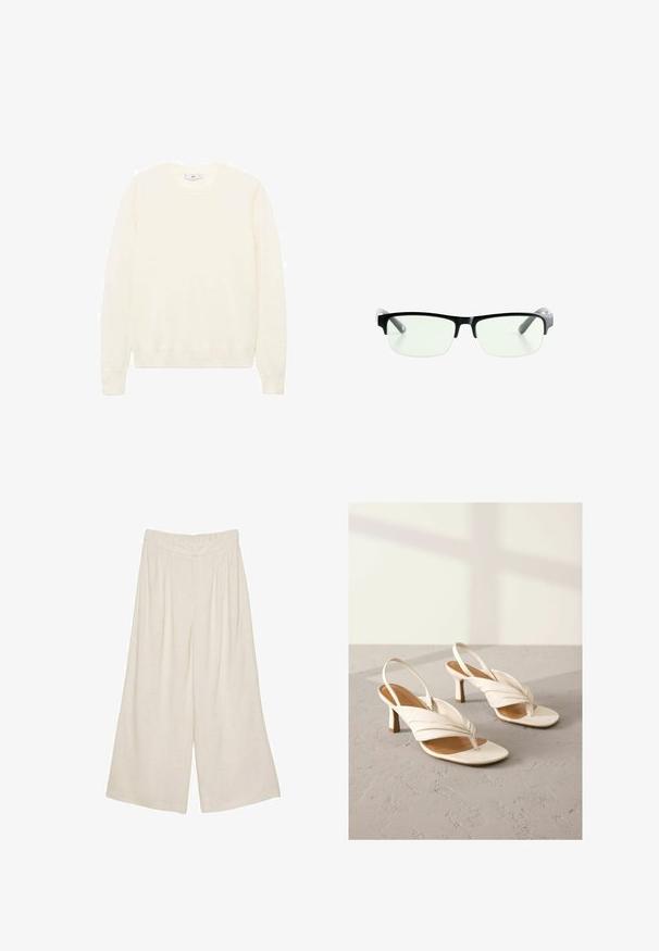 Pull crème avec un col rond classique, des poignets et un ourlet côtelés, et une texture douce. Tissu léger avec une finition lisse.; Pantalons large en lin de couleur beige clair avec un design plissé et une taille élastique pour plus de confort et de facilité d'enfilage.; Talons slingback en cuir blanc avec un design avant torsadé, bout ouvert, et un talon bloc de hauteur moyenne. Texture lisse et accents minimaux.; Lunettes noires rectangulaires avec des verres transparents, présentant des montures noires élégantes et des embouts de branches transparents gris. Design minimaliste, sans marquage visible.; Sac à main en cuir gris clair avec une forme courbée, ferrures dorées, un fermoir avant et des détails de couture. Bandoulière ajustable incluse.
