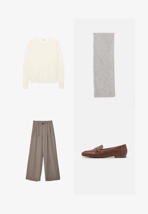Kremowy sweter z klasycznym okrągłym dekoltem, prążkowanymi mankietami i dołem oraz miękką teksturą. Lekki materiał o gładkim wykończeniu.; Spodnie o szerokich nogawkach w miękkim, stonowanym szarym materiale, z paskiem w talii i plisami dla dodania detali projektowych. Gładka tekstura, bez wzorów.; Brązowe skórzane mokasyny z płaską podeszwą, wyszywanym wzorem i detalem w złotym odcieniu w klamrze na pasku przez wierzch buta.; Szara, dziana chusta o gładkiej fakturze, wydłużonym prostokątnym kształcie i wyraźnych krawędziach, zaprojektowana z myślą o ciepłu i komforcie.; Trzy spinki do włosów: jedna w czarno-białe marmurkowe wzory, dwie w kolorach brązu i czerni w stylu żółwi, wszystkie wykonane z błyszczącego plastiku z teksturowanym wykończeniem.