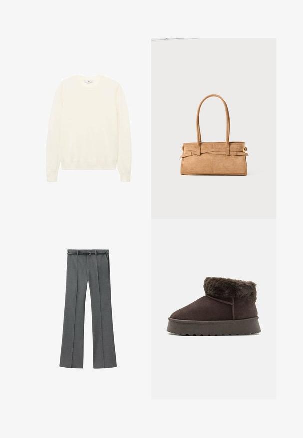 Suéter color crema con un cuello redondo clásico, puños y bajo acanalados, y una textura suave. Tejido ligero con un acabado suave.; Pantalones grises confeccionados a medida con un diseño de pierna recta, tejido ligero, presillas para cinturón y un cinturón estrecho con una hebilla plateada.; Botín de ante marrón con cuello de piel sintética, punta redondeada y suela de goma texturizada. Presenta costuras simples y un diseño de perfil bajo.; Bolso de mano de ante marrón con dos asas largas, forma rectangular y costuras decorativas. Presenta una correa lateral y sutiles acentos en dorado.