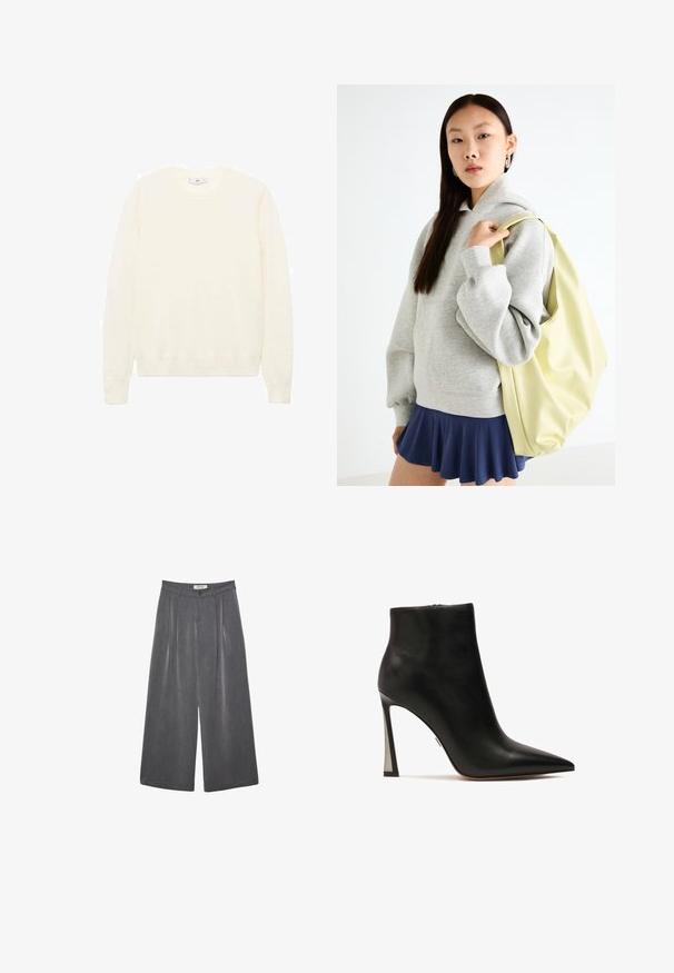 Kermanvärinen neule, jossa on klassinen pyöreä kaula-aukko, ribatut hihansuut ja helma, sekä pehmeä rakenne. Kevyt kangas, jossa on sileä pinta.; Pleated leveleijoushousut tummanharmaasta kankaasta, jossa on hieno rakenne. Ominaisuuksina napin suljenta ja klassinen vyötärönauhan muotoilu.; Kazar VERA - Avokkaat - black; Harmaa ylipitkä huppari, jossa on kengurutasku, yhdistettynä tummansiniseen levenevään hameeseen. Asusteena: suuri vaaleankeltainen reppu, tasainen pinta.