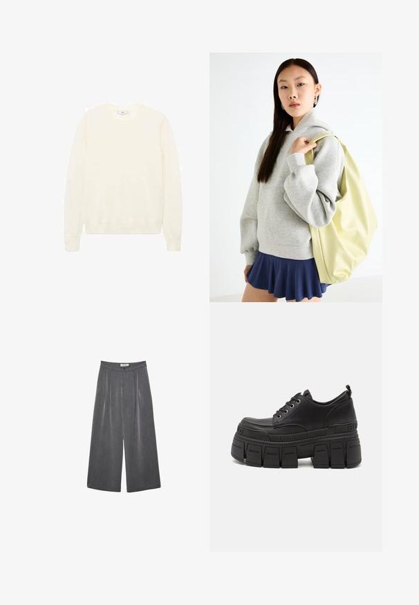 Kermanvärinen neule, jossa on klassinen pyöreä kaula-aukko, ribatut hihansuut ja helma, sekä pehmeä rakenne. Kevyt kangas, jossa on sileä pinta.; Pleated leveleijoushousut tummanharmaasta kankaasta, jossa on hieno rakenne. Ominaisuuksina napin suljenta ja klassinen vyötärönauhan muotoilu.; Mustat alustan lenkkarit, joissa on sileä nahkapinta, nauhakiinnitys, paksu kumipohja ja brändityyli sivulla.; Harmaa ylipitkä huppari, jossa on kengurutasku, yhdistettynä tummansiniseen levenevään hameeseen. Asusteena: suuri vaaleankeltainen reppu, tasainen pinta.