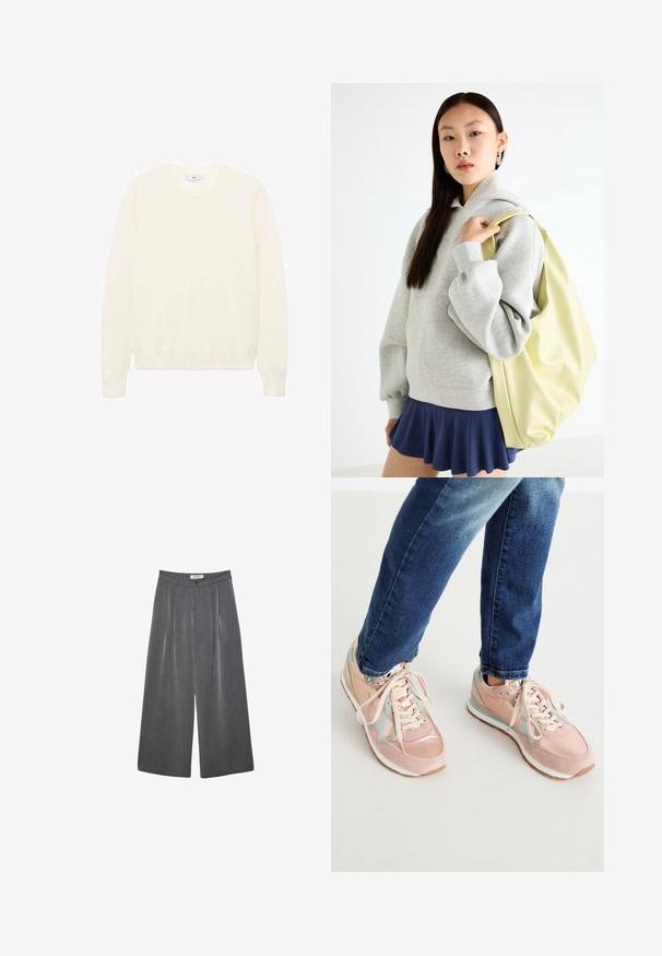 Maglione color crema con un classico collo rotondo, polsini e orlo a costine, e una texture morbida. Tessuto leggero con una finitura liscia.; Pantaloni ampi a pieghe in tessuto grigio scuro con una sottile texture. Presentano una chiusura con bottone e un design della vita classico.; Sneaker rosa realizzati in suede e pelle, con dettagli in blu chiaro, punta rotonda e suole in gomma bianca. I lacci sono di colore beige.; Felpa grigia oversize con tasca a marsupio, abbinata a una gonna svasata blu navy. Accessorio: grande zaino giallo chiaro, di texture liscia.