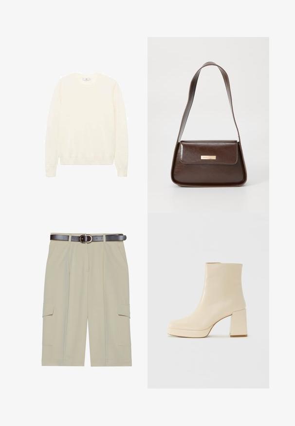 Pulover de culoare crem, cu un gât rotund clasic, manșete și tiv cu jgeaburi, și o textură moale. Material ușor, cu o finisare netedă.; Shorts cargo bej cu o croială relaxată, având două buzunare laterale și o curea maro cu o cataramă rotundă, textură de material neted.; Cizmă de gleznă din piele bej, cu toc pătrat și talpă platformă, cu un finisaj neted și vârf ușor pătrat, orientată spre stânga pe fundal alb.; Geanta de umăr din piele maro, cu o formă structurată, care dispune de un închizător cu clapetă magnetică și un accent metalic cu logo pe față.