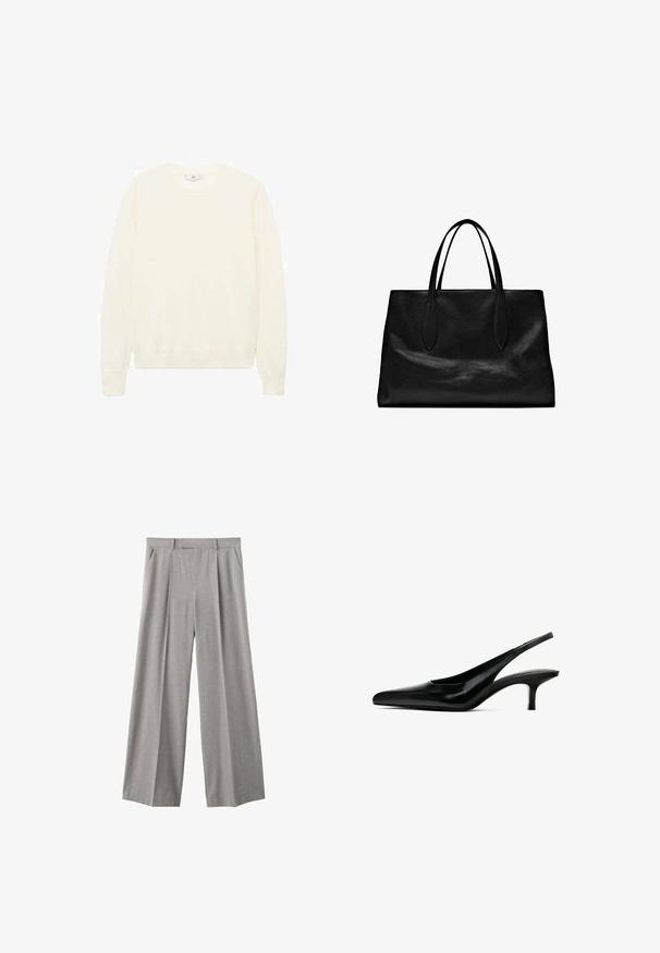 Cremefarvet sweater med en klassisk rund halsudskæring, ribstrikkede manchetter og kant, samt en blød tekstur. Letvægtsstof med en glat overflade.; Lys grå, vide bukser lavet af et vævet stof. Har frontfolder, en tætsiddende talje og sidelommer.; Sorte spidse slingback sko med en blank læderfinish og en tynd, lav hæl. Har et udskæringsdesign på siden for åndbarhed.; Sort læder tote bag med to forlængede hanke, en struktureret form, glat tekstur og minimalistisk design. Ingen synlig hardware eller accenter.