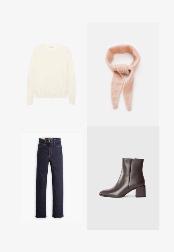 Kremna pulover s klasičnim okroglim izrezom, rebrastimi manšetami in robom ter mehkimi teksturami. Lahka tkanina z gladkim zaključkom.; Temno modri trdi kavbojke z ravnimi nogami, petimi žepi in vidno oranžnim šivom na belem ozadju.; Brašnjak usnjeni gležnjar s elegantnim dizajnom, šiljastim nosom i kvadratnom blok potpeticom. Glatka tekstura i minimalistička silueta.; Bleda roza pletena ruta, mehka tekstura, zanka s podaljšanimi konci, s vozlom na sredini.