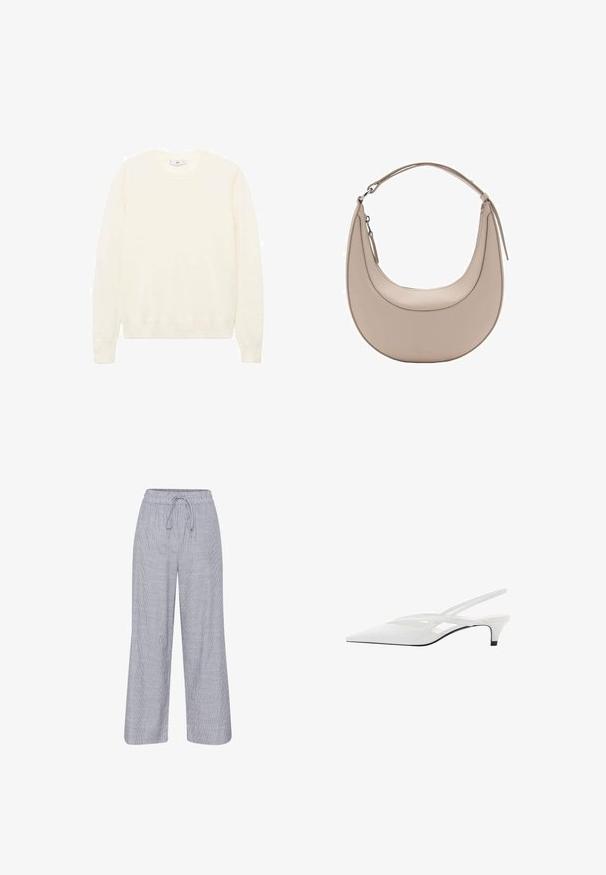 Kremasti pulover s klasičnim okruglim izrezom, rebrastim manžetama i rubom te mekom teksturom. Lagana tkanina s glatkim završetkom.; Sive i bijele prugaste hlače širokih nogavica s elastičnim pojasom i vezicom. Lagana tkanina s opuštenim krojem.; Bijela slingback potpetica s oštrom punta, koja ima glatki gornji dio, suptilne izreze i nisku blok potpeticu. Crna potplata naglašava dizajn.; Bež kožna torba za rame u obliku polumjeseca, glatke teksture i s jednim zakrivljenim ručkom. Sadrži zatvor na zip i uredno šivenje.