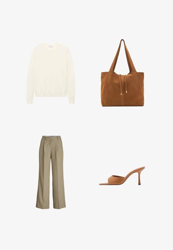 Kermanvärinen neule, jossa on klassinen pyöreä kaula-aukko, ribatut hihansuut ja helma, sekä pehmeä rakenne. Kevyt kangas, jossa on sileä pinta.; Beige leveled trousers featuring a high waist, front pleats, and a smooth fabric texture. Classic design with a tailored finish.; Mango PEPYT - Korolliset pistokkaat - brown; Ruskea nubuk-olkalaukku, jossa on kaksi pitkää hihnaa, naru- ja minimalinen sulkemismekanismi. Tasainen pinta ja ei näkyviä metalliosia.