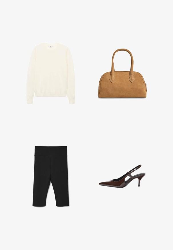 Crème kleurige trui met een klassieke ronde halslijn, geribde manchetten en zoom, en een zachte textuur. Lichtgewicht stof met een gladde afwerking.; Zwarte knie-lange leggings van rekbaar materiaal, met een brede tailleband en platte naden voor comfort. Geen zichtbare patronen of accenten.; Bruine gepatenteerde leren slingback pump met een spits toelopende neus, open uitsparingen en een dunne hak. Voorzien van een verstelbare gesp.; Tan leren handtas met een gestructureerde vorm, voorzien van twee handgrepen, driehoekige uitsparingen en een rits aan de bovenkant voor sluiting.