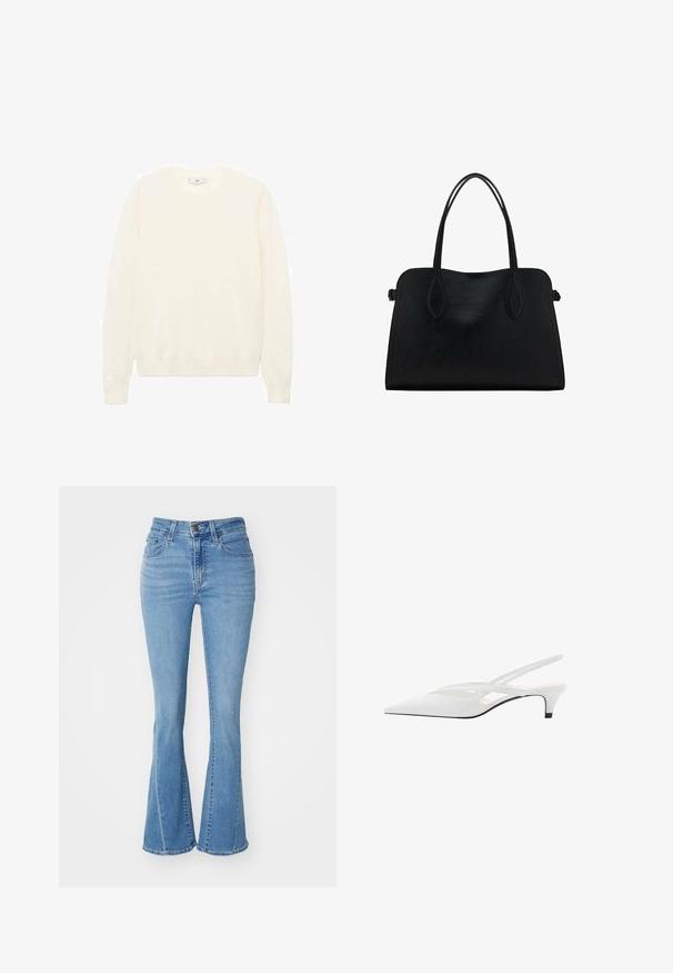 Pulover de culoare crem, cu un gât rotund clasic, manșete și tiv cu jgeaburi, și o textură moale. Material ușor, cu o finisare netedă.; Blugi evazați de culoare bleu deschis, din denim, cu talie înaltă, design cu cinci buzunare și margine destrămată la baza. Textură uzată prezentă.; Sandale albe cu toc slingback și vârf ascuțit, având un upper neted, decupaje subtile și un toc bloc mic. Talpa neagră accentuează designul.; Geantă din piele neagră cu două mânere pentru umăr, formă rectangulară și design minimalistic pe un fundal alb.