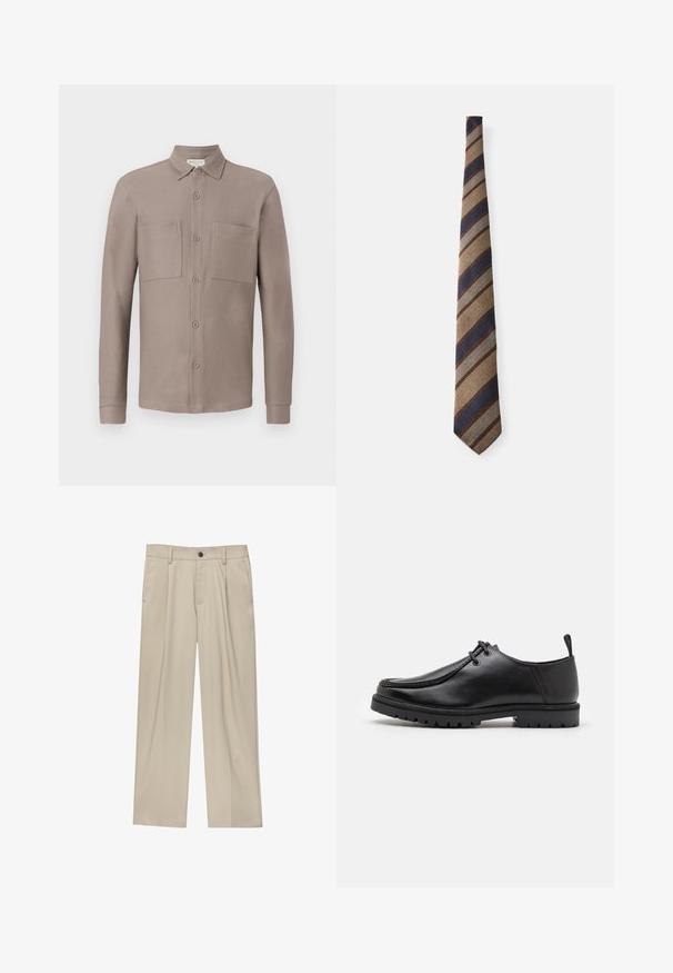 Jasnobeżowy wełniany sweter z okrągłym dekoltem i ściągaczami. Posiada teksturowany materiał oraz kontrastowy, ciemnoniebieski wewnętrzny kołnierz.; Jasno brązowa koszula z długim rękawem, z kołnierzykiem, dwoma kieszeniami na piersi i gładkim, teksturowanym materiałem.; Beżowe spodnie o prostym kroju, z pojedynczym czarnym guzikiem, szlufkami na pasek oraz bocznymi kieszeniami. Gładka faktura materiału i minimalistyczny design.; Czarne skórzane buty zapinane na sznurowadła z wytrzymałą podeszwą i uchwytem na pięcie, pokazane z boku na białym tle.; Krawat w paski z wzorem brązowych, granatowych i jasnoniebieskich pasków na teksturowanym materiale. Stosunkowo zwężony koniec o stożkowym kształcie.