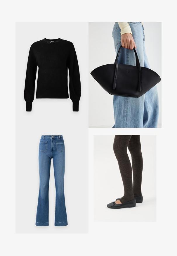 Black knitted sweater with a round neckline, long sleeves, and ribbed cuffs. Features decorative beading around the collar.; Flared blue jeans made of denim with a mid-rise waist, featuring two back pockets and a clean hemline. Smooth texture and classic design.; Black flat shoes with a small bow detail at the toe, paired with dark brown ribbed tights. Shoes have a smooth texture and low profile.; Black leather handbag with a unique fan shape, featuring flat handles. The surface has a pebbled texture and a minimalistic design.