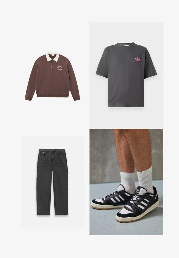 Καφέ φούτερ με λευκό γιακά πόλο, με κεντημένο κείμενο "Belbo Original Clothing" στη αριστερή πλευρά και ριμπ μανσέτες.; Σκούρο γκρι κοντομάνικο Τ-shirt με μικρό ροζ λογότυπο trefoil της Adidas στην αριστερή πλευρά του στήθους, προβαλλόμενο σε λευκό φόντο.; Σκούρο γκρι τζιν παντελόνι με ίσια γραμμή, πέντε τσέπες και ορατό κλείσιμο με κουμπί και φερμουάρ. Διαθέτει μίνιμαλ λεπτομέρειες.; Μαύρα και λευκά αθλητικά παπούτσια με άνω μέρος από σουέτ και δέρμα, featuring τρεις λευκές ρίγες, περατά δάχτυλα και σόλα από καουτσούκ τύπου γκαστ.