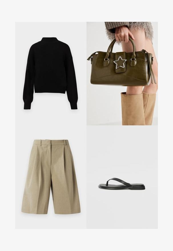 Musta neulepaita, jossa on korkea kaula-aukko, alaslasketut olkapäät ja pitkät hihat. Varustettu joustaviin resoreihin hihansuissa ja helmassa saadakseen muotoilultaan istuvan ilmeen.; Beige lyhyt lahkeinen housut, joissa on pleidattu muotoilu, valmistettu kevyestä kankaasta. Ominaisuuksiin kuuluu vyötärö ja syvät etutaskut.; Mustat varvastossut, joissa on sileä nahkapinta, ohut hihna ja litteä pohja, jossa on minimalistinen muotoilu. Ei huomattavia kuvioita tai koristeita.; Vihreä oliivinvärinen mokkanahkainen käsilaukku, jossa on hopeinen tähti koristeena, kaksinkertaiset kahvat ja vetoketjusulku. Teksturoitu pinta ja rakenteellinen muoto.