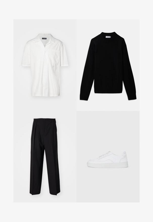 Czarny sweter z prążkowanym okrągłym dekoltem, długimi rękawami i teksturowanym wzorem dzianiny. Brak widocznych logo lub ozdób.; Biała koszula krótko rękawowa z mieszanki bawełny, z kołnierzykiem w szpic, kieszonką z przodu i delikatnym haftem po lewej stronie.; Czarne plisowane spodnie o prostym, szerokim kroju nogawek. Wykonane z gładkiego materiału, z zapięciem na guzik i pętelkami na pasek.; Białe niskie trampki z sznurowanym przodem, gładką cholewką i gumową podeszwą na jednolitym jasnym tle.