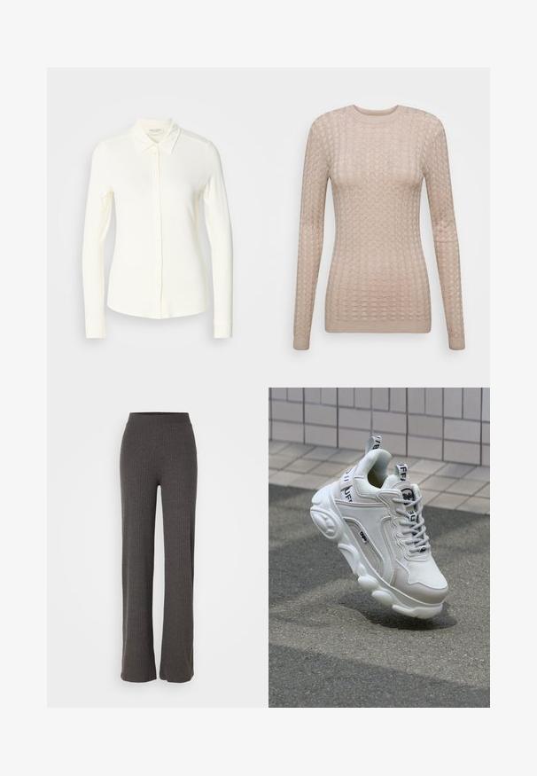 Beige long-sleeve sweater with a textured pattern, featuring a round neckline and ribbed cuffs. Made from a soft, lightweight fabric.; Long-sleeve, cream-colored button-up shirt made from soft fabric. Features a classic collar and a straight hem with button details.; Gray ribbed knit pants with a wide leg and an elastic waistband. The fabric has a textured appearance, offering a relaxed fit.; White sneaker with mesh and leather materials, rounded toe, thick sole, prominent laces, and branding on the heel and tongue.