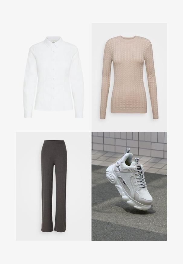 Beige long-sleeve sweater with a textured pattern, featuring a round neckline and ribbed cuffs. Made from a soft, lightweight fabric.; White button-up shirt made of smooth fabric. Features long sleeves, a classic collar, and six front buttons with a fitted design.; Gray ribbed knit pants with a wide leg and an elastic waistband. The fabric has a textured appearance, offering a relaxed fit.; White sneaker with mesh and leather materials, rounded toe, thick sole, prominent laces, and branding on the heel and tongue.