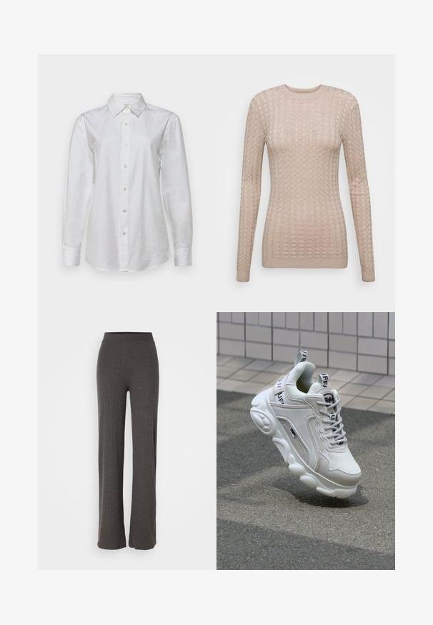 Bežový sveter s dlhým rukávom a textúrovaným vzorom, so zaobleným výstrihom a rebrovanými manžetami. Vyrobený z jemnej, ľahkej tkaniny.; Biele dlhé rukávy košele vyrobené z bavlny. Disponuje špicatým golierom a zapínaním na gombíky s rovnakými gombíkmi. Hladká textura.; Šedé pletené nohavice s širokým strihom a elastickým pásom. Tkanina má textúrovaný vzhľad, ktorý ponúka voľný strih.; Biele tenisky s materiálmi z textilu a kože, okrúhla špička, hrubá podrážka, výrazné šnúrky a značka na päte a jazyku.
