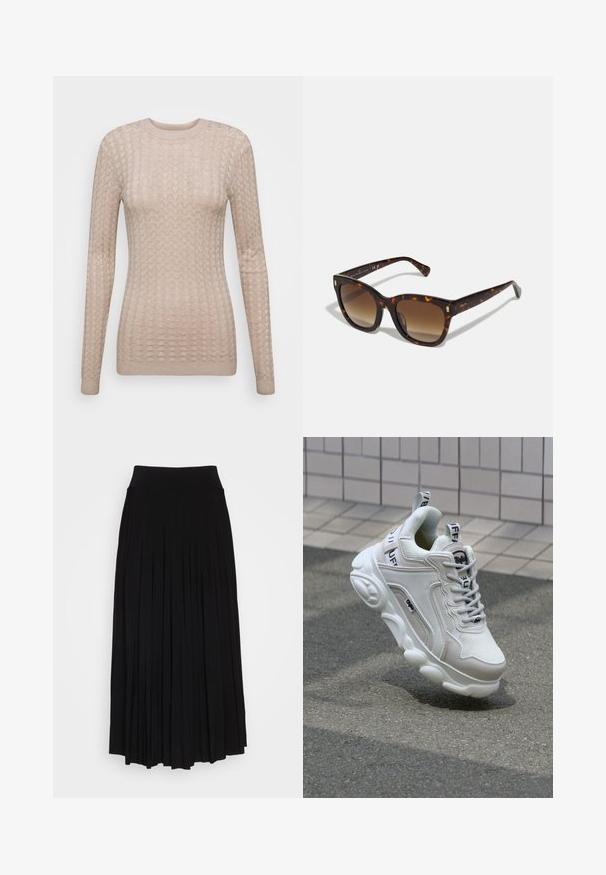 Vaaleanbeige pitkähihainen villatakki, jossa on tekstuuri, pyöreä pääntie ja ribbaatut hihan suut. Valmistettu pehmeästä ja kevyestä kankaasta.; Musta plyytilaakkohame, jossa on korkea, joustava vyötärö. Valmistettu pehmeästä kankaasta, jossa on pystysuoria plyysit, jotka luovat virtaavan siluetin.; Valkoiset tennarit, joissa on verkko- ja nahkamateriaaleja, pyöreä kärki, paksu pohja, erottuvat nauhat sekä brändäys kantapäässä ja kielessä.; Kilpikonnakuoriset neliönmuotoiset aurinkolasit, joissa on liukuväriset ruskeat linssit, kultaiset yksityiskohdat temples ja paksu, kiiltävä kehys.