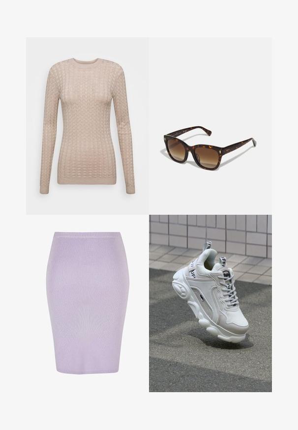 Pulover bej cu mânecă lungă, cu un model texturat, având un guler rotund și mansete din tricot. Fabricat dintr-un material moale, ușor.; Fustă creion ribbed de culoare violet deschis, cu un design ajustat. Dispune de un talie înaltă, textură netedă și o lungime până la genunchi.; Adidași alb cu materiale din plasă și piele, vârf rotunjit, talpă groasă, șnuțuri proeminente și brand pe călcâi și limbă.; Ochelari de soare pătrați din material tortoise cu lentile maro gradient, accentuați cu detalii aurii pe temporale și un cadru gros, lucios.