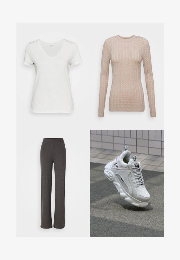 Bežový sveter s dlhým rukávom a textúrovaným vzorom, so zaobleným výstrihom a rebrovanými manžetami. Vyrobený z jemnej, ľahkej tkaniny.; Biela V-krčný tričko vyrobené z mäkkej, textúrovanej látky. Krátke rukávy a voľný strih bez viditeľných vzorov alebo akcentov.; Šedé pletené nohavice s širokým strihom a elastickým pásom. Tkanina má textúrovaný vzhľad, ktorý ponúka voľný strih.; Biele tenisky s materiálmi z textilu a kože, okrúhla špička, hrubá podrážka, výrazné šnúrky a značka na päte a jazyku.