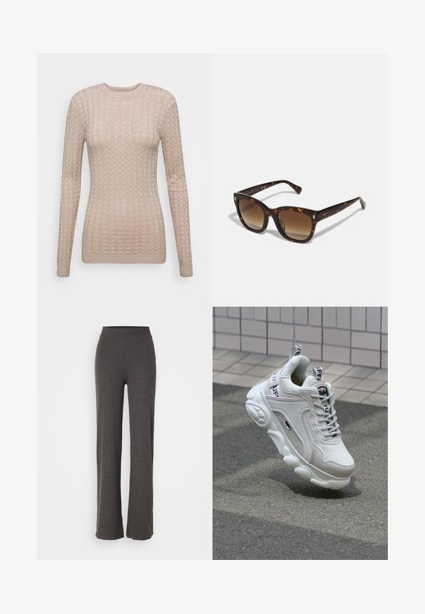 Bežový sveter s dlhým rukávom a textúrovaným vzorom, so zaobleným výstrihom a rebrovanými manžetami. Vyrobený z jemnej, ľahkej tkaniny.; Šedé pletené nohavice s širokým strihom a elastickým pásom. Tkanina má textúrovaný vzhľad, ktorý ponúka voľný strih.; Biele tenisky s materiálmi z textilu a kože, okrúhla špička, hrubá podrážka, výrazné šnúrky a značka na päte a jazyku.; Slnečné okuliare v tvare štvorca z korytnačinového vzoru so zlatohnedými gradientnými sklami, s zlatými akcentmi na ramenách a hrubým, lesklým rámom.