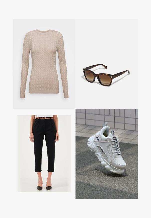 Maglione beige a maniche lunghe con un motivo testurizzato, dotato di scollo rotondo e polsini a coste. Realizzato in un tessuto morbido e leggero.; Pantaloni neri a vita alta con gamba affusolata, caratterizzati da pieghe frontali e una cintura marrone. Abbinati a tacchi neri a punta.; Sneaker bianco realizzato in materiali mesh e pelle, con punta arrotondata, suola spessa, lacci prominenti e marchio sul tallone e sulla linguetta.; Occhiali da sole quadrati in tartaruga con lenti gradientate marroni, caratterizzati da dettagli dorati sulle tempie e una montatura spessa e lucida.