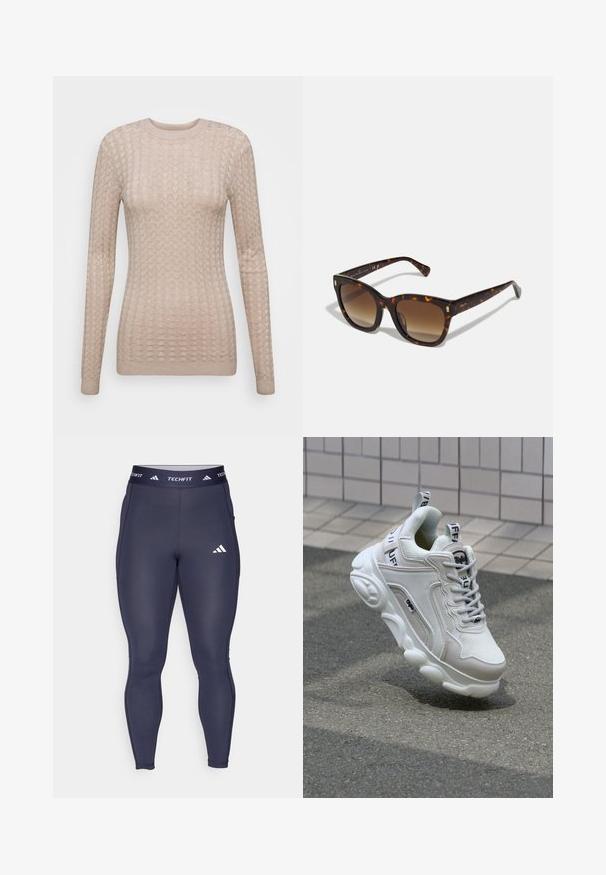 Beige svetr s dlouhým rukávem a texturovaným vzorem, s kulatým výstřihem a žebrovanými manžetami. Vyrobeno z měkké, lehké tkaniny.; Navy legíny s těsným střihem vyrobené z pružné látky, které mají kontrastní bílé logo "TECHFIT" a emblém na pase.; Bílé tenisky vyrobené z textilního a koženého materiálu, s kulatou špičkou, silnou podrážkou, výraznými šňůrkami a logem na patě a jazyku.; Sluneční brýle ve tvaru čtverce s želvovinovým vzorem a gradientovými hnědými skly, se zlatými detaily na nožičkách a silným lesklým rámem.