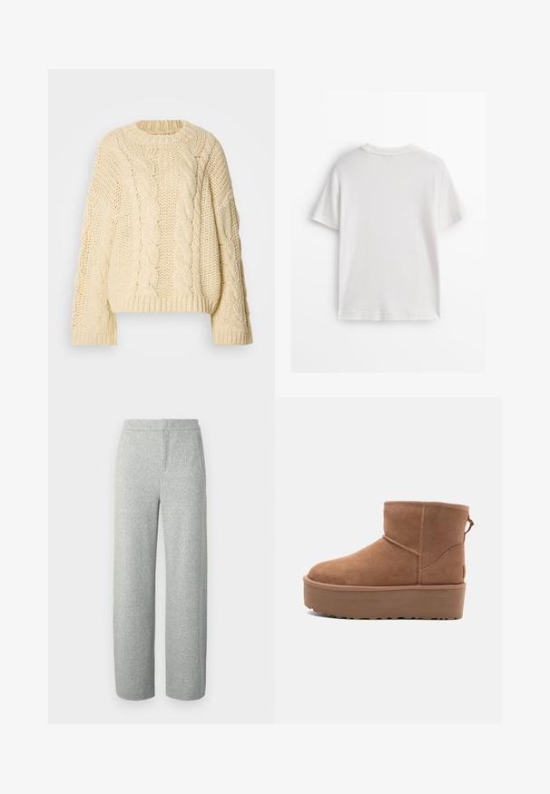Cremfarbener Kabelstrickpullover mit rundem Ausschnitt und langen, weiten Ärmeln. Verfügt über strukturierte Muster sowie gerippte Bündchen und Saum.; Weißes Baumwoll-T-Shirt mit kurzen Ärmeln, rundem Ausschnitt und glatter Textur. Die Rückseite ist einfarbig ohne zusätzliche Muster oder Designs.; Hellgraue, gewebte Hose mit dezent melierter Struktur, ausgestattet mit weitem Bein und flachem Bund, ohne sichtbare Beschläge oder Taschen.; Beige Wildleder-Ankle-Boot mit Plateausohle, abgerundetem Zehenbereich und abgesteppten Akzenten; verfügt über eine Zuglasche hinten für einfaches An- und Ausziehen.
