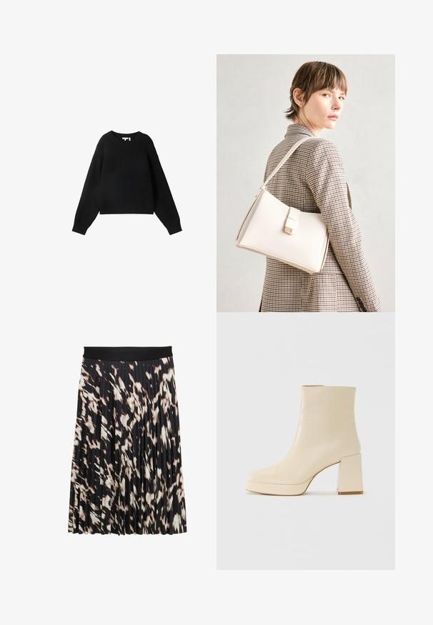 Mustavilla neulepaidalla on pyöreä pääntie, pitkät hihat ja ribbitekstuuri. Lyhyt malli ja rento istuvuus.; Pusero hame leveällä mustalla vyötäröllä; kuviollinen mustan, kremän ja ruskean sävyissä; sileä pinta ja virtaava muotoilu.; Beige nahkasaapas nilkkamallia, jossa on lohkarekorko ja alusta, sileä pinta ja hieman neliömäinen kärki, käänteessä vasemmalle valkoista taustaa vasten.; Valkoinen nahkainen käsilaukku, jossa on jämäkkä muotoilu, magneettinen suljin ja olkahihna, esillä neutraalilla taustalla.