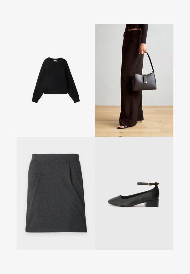 Schwarzer Strickpullover mit Rundhalsausschnitt, langen Ärmeln und einem gerippten Design. Kürzerer Schnitt und lockere Passform.; Dunkelgrauer Stoffrock mit einem eng anliegendem Bund, der Falten für zusätzliche Struktur aufweist. Gerader Schnitt, minimale Nähte und keine Muster.; Schwarze Lederpumps mit spitzem Zehenbereich und niedrigem Blockabsatz. Mit einem Knöchelriemen und einer goldfarbenen Schnalle. Glatte Textur.; Schwarze Handtasche mit strukturierter Form, glatter Textur und einem metallischen Verschluss. Kombiniert mit weiten schwarzen Hosen und offenen Sandalen auf einem Holzboden.