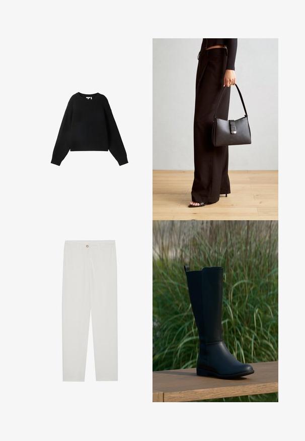 Crni pleteni pulover s okruglim izrezom, dugim rukavima i rebrastom teksturom. Skraćeni dizajn i opušteni kroj.; Bijele, krojene hlače ravnog kroja, s kopčanjem na dugme, petljama za remen i bočnim džepovima; glatka tekstura tkanine.; Crna čizma do koljena od glatke kože s okruglim vrhom i ravnim potplatom. Ima jednostavan dizajn s petljom za vuču na vrhu.; Crna torba s oblikom koji sadrži strukturu, glađu teksturu i metalnu kopču. Uparena s širokim crnim hlačama i sandalama na otvorenom s drvenog poda.