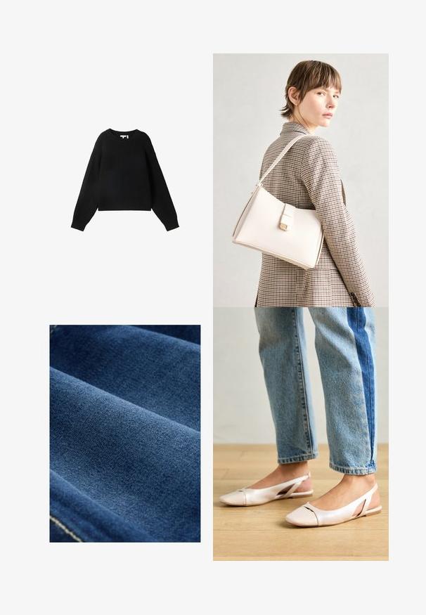 Mustavilla neulepaidalla on pyöreä pääntie, pitkät hihat ja ribbitekstuuri. Lyhyt malli ja rento istuvuus.; Tumma sininen farkkukangas, jossa on sileä rakenne, näkyvä kudonta ja hienovarainen joustavuus. Reunoilla on vaaleat ompelulinjat.; Vaaleanpunaiset slingback-ballerinat, joissa on terävä kärki, valmistettu sileästä nahkamaisesta materiaalista. Sivujen leikkuuyksityiskohdat ja tasapohja.; Valkoinen nahkainen käsilaukku, jossa on jämäkkä muotoilu, magneettinen suljin ja olkahihna, esillä neutraalilla taustalla.