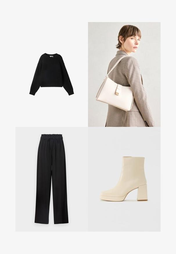 Crni pleteni pulover s okruglim izrezom, dugim rukavima i rebrastom teksturom. Skraćeni dizajn i opušteni kroj.; Crne hlače širokih nogavica s elastičnim pojasom i trakicom za zatezanje. Napravljene od glatkog materijala bez vidljivih uzoraka ili hardvera.; Bež kožne gležnjače s blok petom i platformom, glatke površine, i lagano kvadratnim vrhom, okrenute lijevo na bijeloj pozadini.; Bijela kožna torba s čvrstim dizajnom, s magnetskim kopčanjem i remenom za rame, prikazana na neutralnoj pozadini.