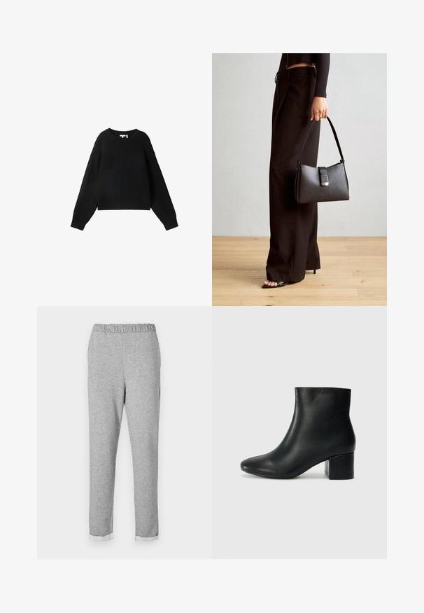 Melnā adīta džemperis ar apaļu kakla izgriezumu, garām piedurknēm un ribotām tekstūrām. Sagriezts dizains un brīvs griezums.; Pelēki sporta bikses ar elastīgu jostasvietu, sašaurināta kāju dizains un salocīts apakšmalā. Mīksta faktūra bez redzamām apdrukām vai akcentiem.; Melna ādas potīšu zābaki ar smailu purngalu un masīlu papēdi. Gluda tekstūra ar minimāliem akcentiem un gludu, pieguļošu dizainu.; Melnā somiņa ar strukturētu formu, gludu tekstūru un metālu sprādzi. Saskaņota ar platām melnām biksēm un sandālēm ar atvērtu purngalu uz koka grīdas.
