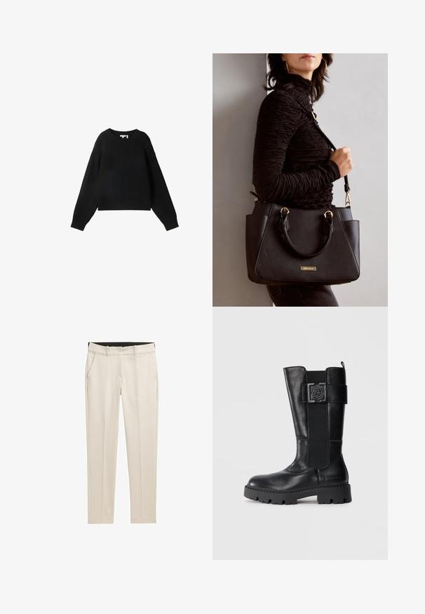 Črn pleteni pulover z okroglim izrezom, dolgimi rokavi in rebrasto strukturo. Skrajšana zasnova in sproščen kroj.; TOM TAILOR MIA SLIM - Hlače chino - dusty beige; Črne škornje do kolen, izdelane iz gladke usnjene kože, z dodatkom v obliki pasu, elastičnim stranskim delom in robustnim podplatom z globokimi vdolbinami.; Črna torbica z teksturirano površino, z dvema zgornjima ročajema in nastavljivim ramenskim pasom. Ima zlatovrateče dodatke in stranske žepe.