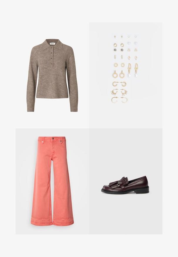 Béžový vlněný pulovr s límečkem, čtyřmi knoflíky a dlouhými rukávy. Hladká textura s mírně přiléhavým střihem.; Korálové široké kalhoty vyrobené z bavlny, s pěti kapsami, kovovými detaily a čistým zakončením na lemech. Obsahují klasické zapínání na knoflík a zip.; Burgundské kožené mokasíny s frayed akcentem, kulatou špičkou a nízkým, pevným černým podpatkem. Podrobná šití kolem podrážky.; Sada náušnic ve zlatém tónu s různými designy, včetně pecek, kruhů a visacích kousků s perlami a rhinestony.