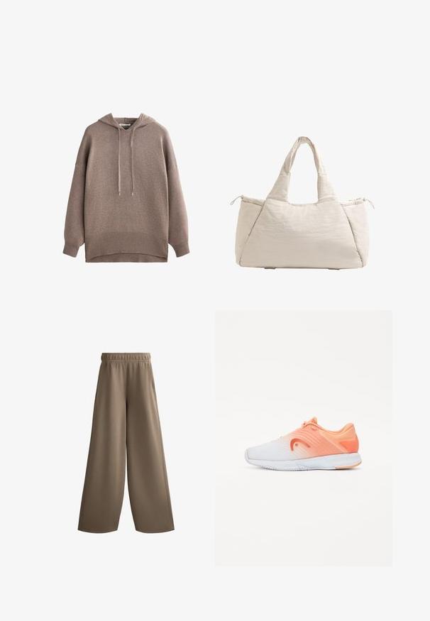 Barna kapucnis pulóver puha anyagból, húzózsinórral a kapucnin, laza fazonban és bordázott alsó résszel. Simával textúrával, széles ujjak és laza dizájn jellemzi.; Barna, széles szárú nadrág, elasztikus derékkal, sima anyagból készült, oldalsó zsebekkel és egyenes, laza szabással.; Sportcipő, amelynek gradiens designja van, fehérből világos narancssárgára átmenve, texturált felsőrésszel és narancssárga részletekkel a saroknál.; Bézs színű, steppelt táska két füllel, kerek alakú, texturált anyagból készült, és egy zsinóros oldalzsebbel rendelkezik. Simább felület és minimalista dizájn jellemzi.