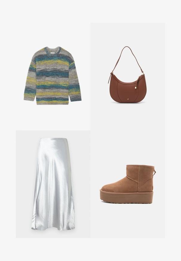 Pull en laine grise floue avec des rayures horizontales bleu et jaune, col rond et manches longues. Texture douce avec une coupe décontractée.; Jupe midi en satin argenté avec une texture lisse, un design évasé et un éclat subtil. Elle présente une taille droite et une silhouette en A.; Bottine en suède tan avec une semelle plate-forme, un bout arrondi et des accents de couture ; elle est dotée d'une languette à l'arrière pour un enfilage facile.; Sac à épaule en faux cuir brun, de forme arrondie, avec des coutures minimales et un accent en matériel doré. Il possède une fermeture zippée sur le dessus et une sangle réglable.
