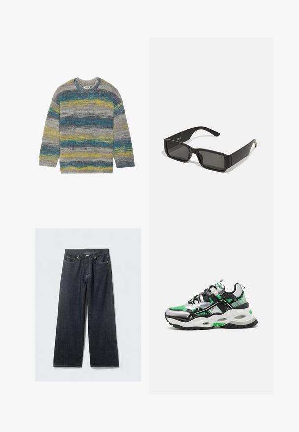 Chmýřový šedý svetr s vodorovnými pruhy v modré a žluté barvě, kulatým výstřihem a dlouhými rukávy. Měkká textura s uvolněným střihem.; Tmavě modré džíny s širokými nohavicemi a vysokým pasem, s měděnými nýty a kontrastním prošíváním, hladkou texturou a bez viditelných vzorů.; Buffalo TRIPLET HOLLOW - Tenisky - black/silver/green; Černé sluneční brýle s obdélníkovými čočkami, matný plastový rám a rovné okraje. Obsahují logo značky na vnitřní straně ramena.