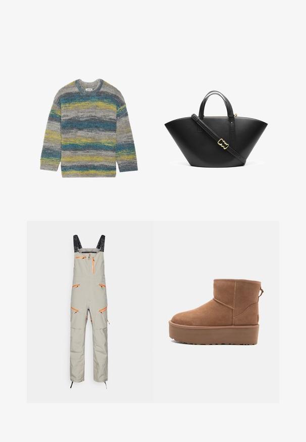 Puhaszürke pulóver vízszintes kék és sárga csíkokkal, kerek nyakkivágással és hosszú ujjakkal. Puha tapintású, laza szabású.; Beige overall nadrág állítható fekete pántokkal, több narancssárga cipzáras zsebbel és tartós textúrájú anyagból készült. Bokafogók jellemzik.; Barna suede bokacsizma platform talppal, lekerekített orral és varrás részletekkel; a hátsó részen húzófül található a könnyű felhúzás érdekében.; Fekete bőr tote táska széles, szögletes formával. Két felső fogantyúval és állítható vállpánttal rendelkezik, arany színű fém részletekkel.