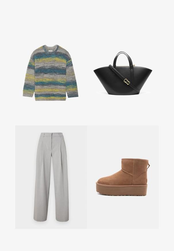 Mīksts pelēks džemperis ar horizontālām svītrām zilos un dzeltenos toņos, aplīna kakla izgriezums un garas piedurknes. Maiga tekstūra ar brīvu piegriezumu.; Gai pelēki plata kāju bikses ar krokām, ar pogājamu jostu un gludu auduma tekstūru. Tiešie kāju griezumi nedaudz sašaurinās pie apakšas.; Bēša zamšadeguna potīte ar platformas zoli, apaļu purngalu un šuvju akcentiem; aizmugurē ir vilkšanas cilpa, kas nodrošina ērtu uzvilkšanu.; Melnas ādas soma ar plašu, stūrainu formu. Aprīkota ar divām augšējām rokturēm un regulējamu plecu jostu ar zelta toņa aksesuāriem.