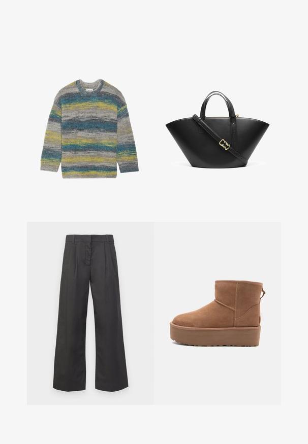 Halli halluga sviiter, millel on horisontaalsed sinised ja kollased triibud, ümmargune kaelus ja pikad varrukad. Pehme tekstuur ja mugav lõige.; Mustad jalad mustast kangast, millel on kõrge vöökoht, ees olevad voltid ja diskreetsed taskud. Sile tekstuur puhta viimistlusega.; Kohvatooni nubukist põlvikute saapad platvormsööl with ümmarguse varbaga ja õmblusteenustega; seljal on kinnitusling, mis tagab mugava jalga panemise.; Must musta kott, millel on lai ja nurkadega kuju. Varustatud kahte pealset käepidet ja reguleeritava õlarihmaga, millel on kuldse tooni sisustus.