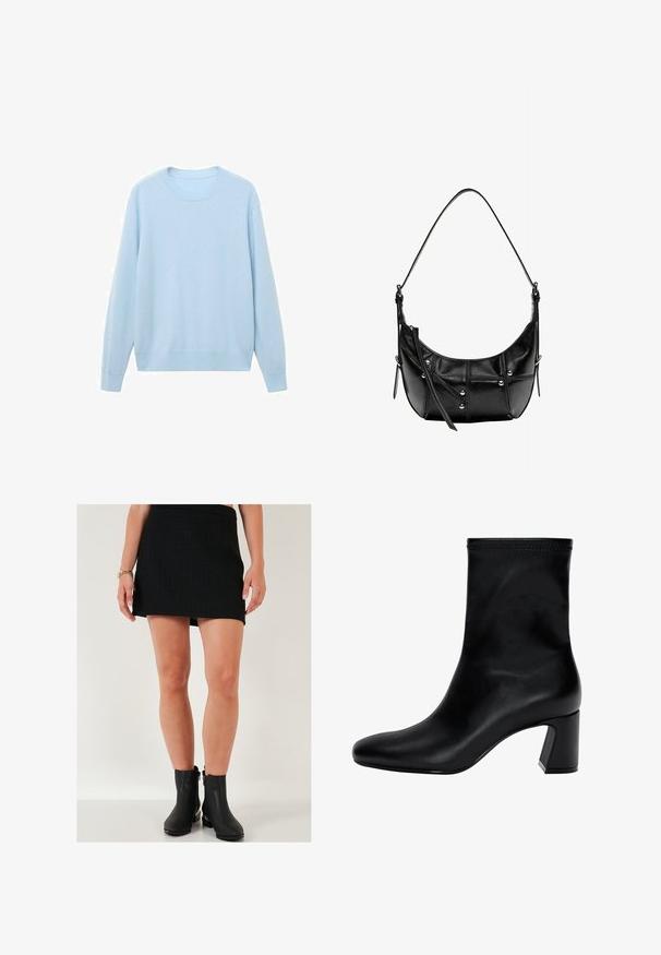 Pulover albastru deschis, realizat dintr-un material moale, cu guler rotund, mâneci lungi și manșete și tiv cu nervuri. Textură netedă, design casual.; Fustă mini neagră, dintr-un material texturat cu un model în carouri; asortată cu cizme negre până la gleznă, cu fermoar lateral și toc bloc.; Cizmă neagră până la gleznă, fabricată din piele netedă. Prezintă un vârf pătrat, partea de sus elastică și un toc masiv pentru stabilitate. Design minimalist.; Geantă de umăr din piele neagră cu o formă curbată, având accesorii din metal argintiu și detalii de cusătură. Curea ajustabilă pentru versatilitate.