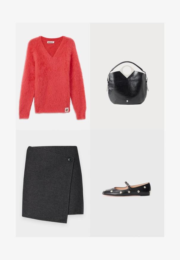 Koraļļu rozā V-veida džemperis ar brīvu, pūkainu tekstūru; garām piedurknēm; ribināts kakls; ar sānu zīmola uzšuvumu ar logo.; Tumši pelēkā pārklājuma svārki, kas izgatavoti no teksturēta auduma, ar pogu aizdari kreisajā pusē un asimetrisku apakšmali.; Melna ādas Mary Jane līdzena zābaku ar noapaļotu purngalu, kurā ir sudraba apaļie kniedes un regulējama siksniņa ar sprādzi.; Melnas ādas soma ar izliekta formu, apaļu augšējo rokturi un sudraba logo detaļu. Gluda tekstūra un ievērojama izgriezuma dizaina iezīme.