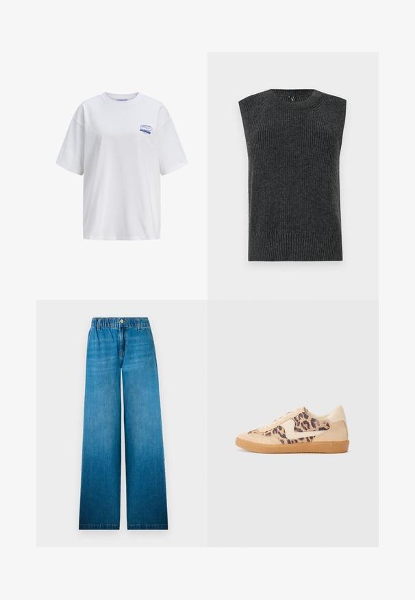 Tamno sivi bezrukavni pulover s rebrastom teksturom, zaobljenim izrezom i pojasom na dnu. Jednostavan dizajn bez dodatnih uzoraka ili detalja.; Bijela pamučna majica opuštenog kroja, s kratkim rukavima. Mali plavi logo "SOURDOUGH" na gornjoj lijevoj strani.; Široke traperice od svijetloplavog denima, s elastičnim pojasom, kopčanjem na gumb i ravnim krojem s izblijedjelim efektom.; Tenisice s uzorkom leoparda, bež nubuk gornjištem, smešnim gumenim đonom i bijelim detaljima. Okrugli vrh i dizajn s vezicama s teksturiranom završnom obradom.